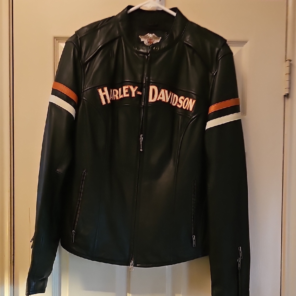 Harley-Davidson Black Leather Jacket with Orange and White Stripes
